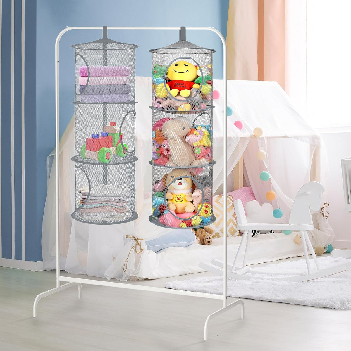 Hanging Stuffed Animal Storage Hammock Net 4 Tiers, Pink