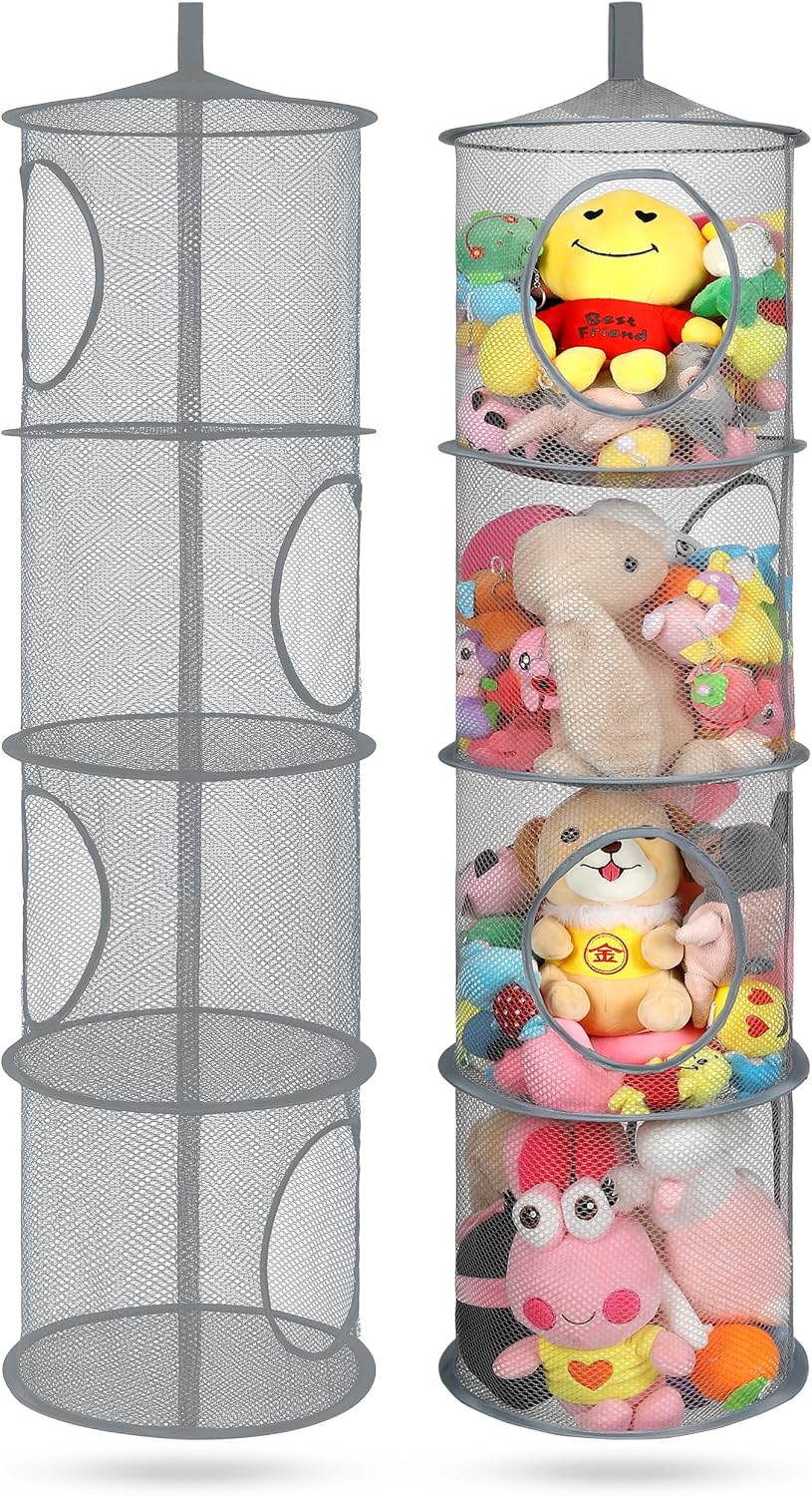 Hanging Stuffed Animal Storage Hammock Net 4 Tiers, Pink