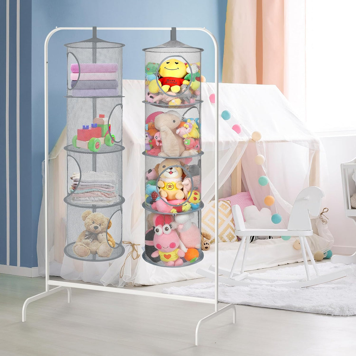 Hanging Stuffed Animal Storage Hammock Net 4 Tiers, Pink