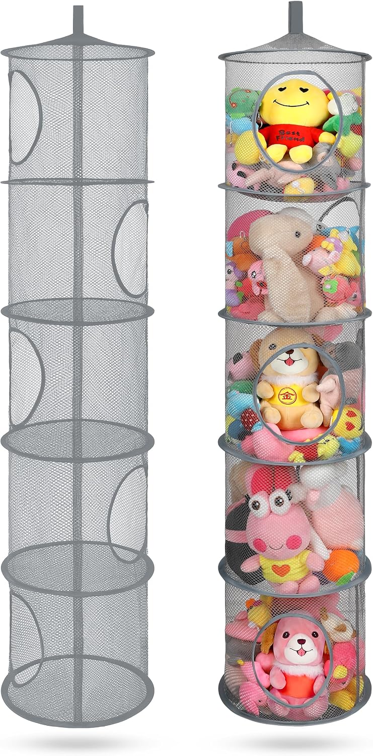 Hanging Stuffed Animal Storage Hammock Net 4 Tiers, Pink