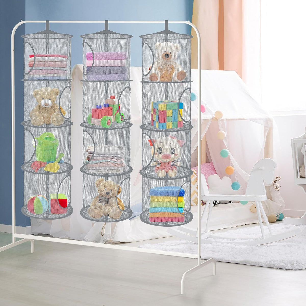 Hanging Stuffed Animal Storage Hammock Net 4 Tiers, Pink