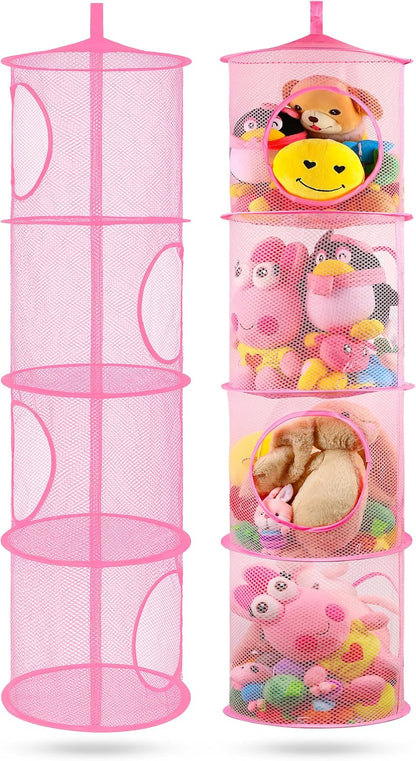 Hanging Stuffed Animal Storage Hammock Net 4 Tiers, Pink