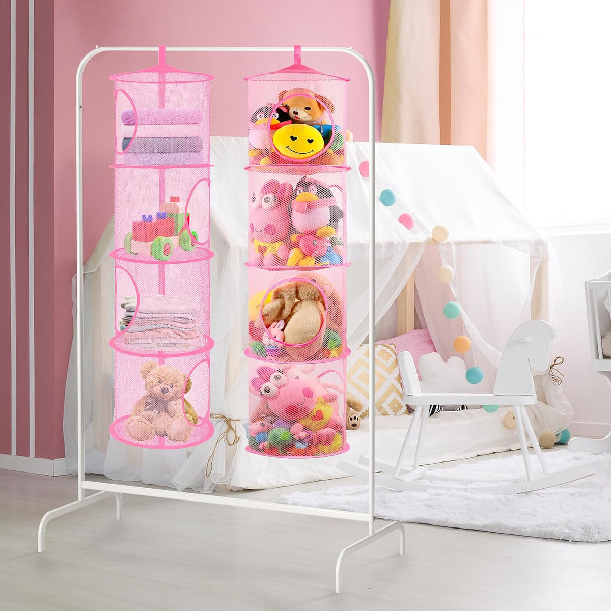 Hanging Stuffed Animal Storage Hammock Net 4 Tiers, Pink