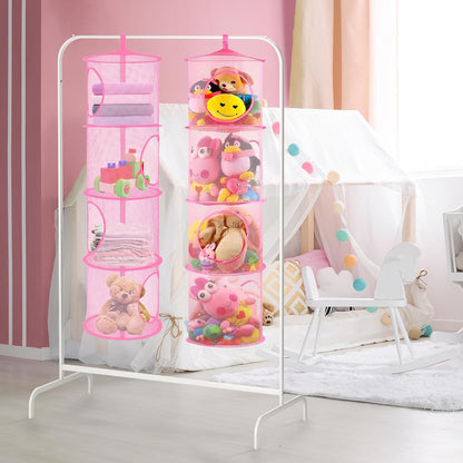 Hanging Stuffed Animal Storage Hammock Net 4 Tiers, Pink
