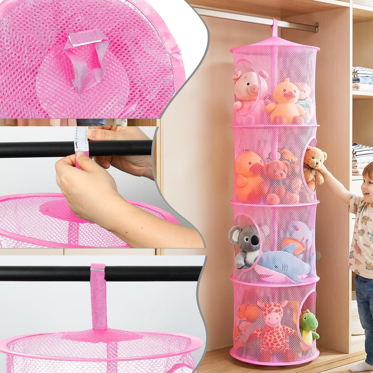 Hanging Stuffed Animal Storage Hammock Net 4 Tiers, Pink