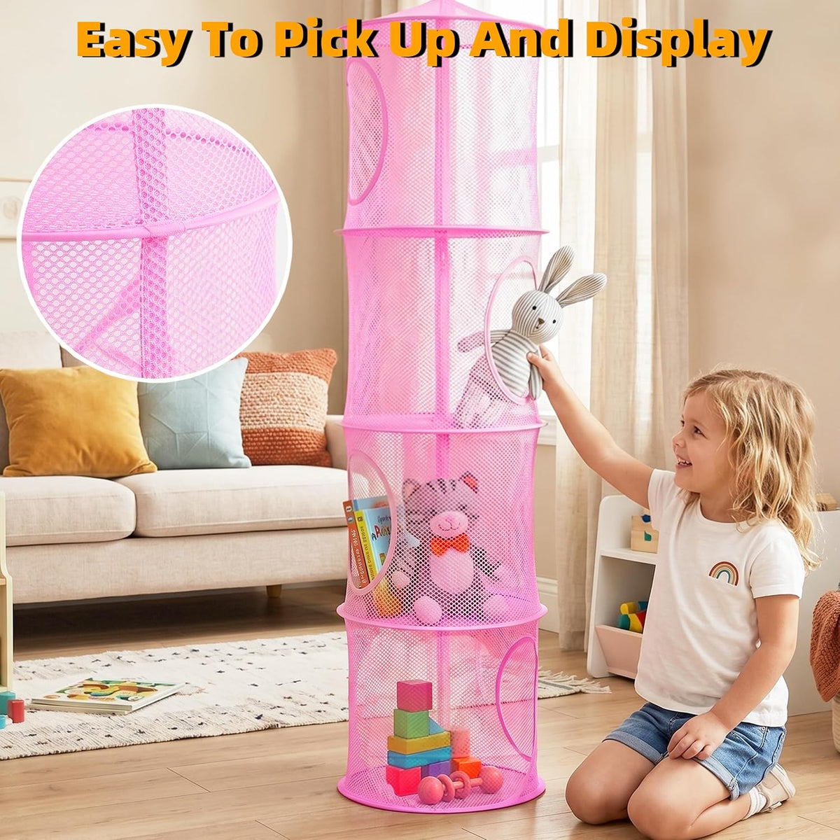 Hanging Stuffed Animal Storage Hammock Net 4 Tiers, Pink