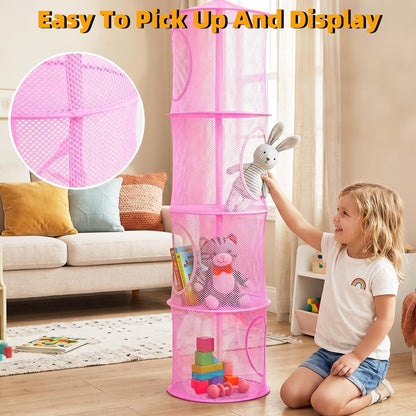 Hanging Stuffed Animal Storage Hammock Net 4 Tiers, Pink
