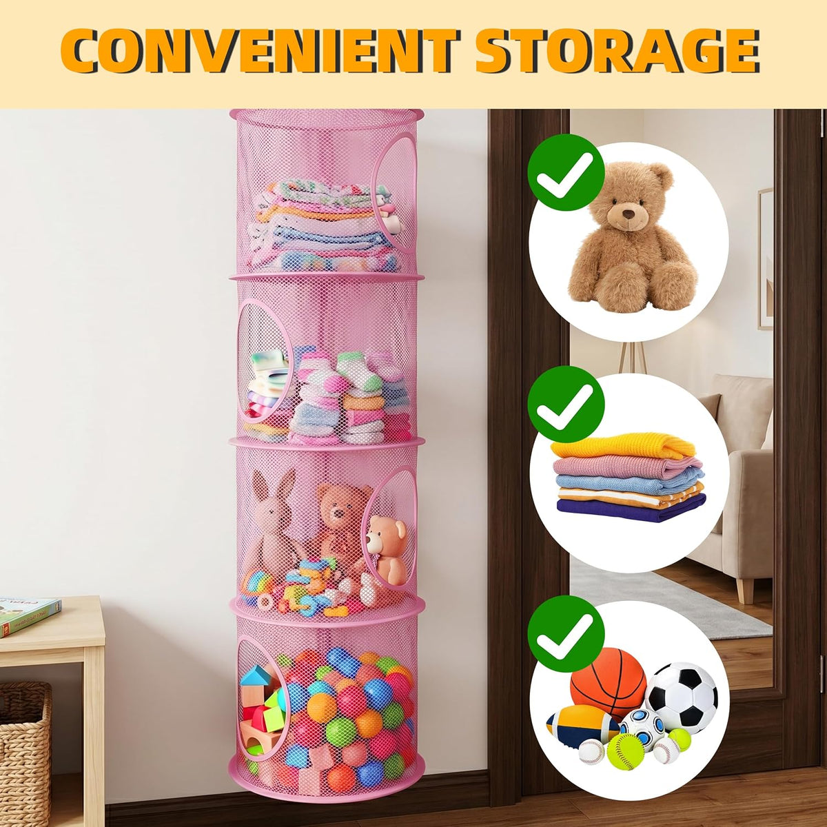 Hanging Stuffed Animal Storage Hammock Net 4 Tiers, Pink