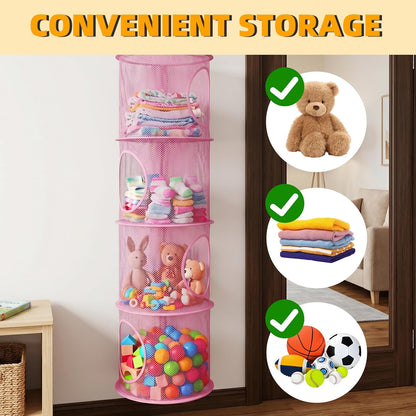 Hanging Stuffed Animal Storage Hammock Net 4 Tiers, Pink