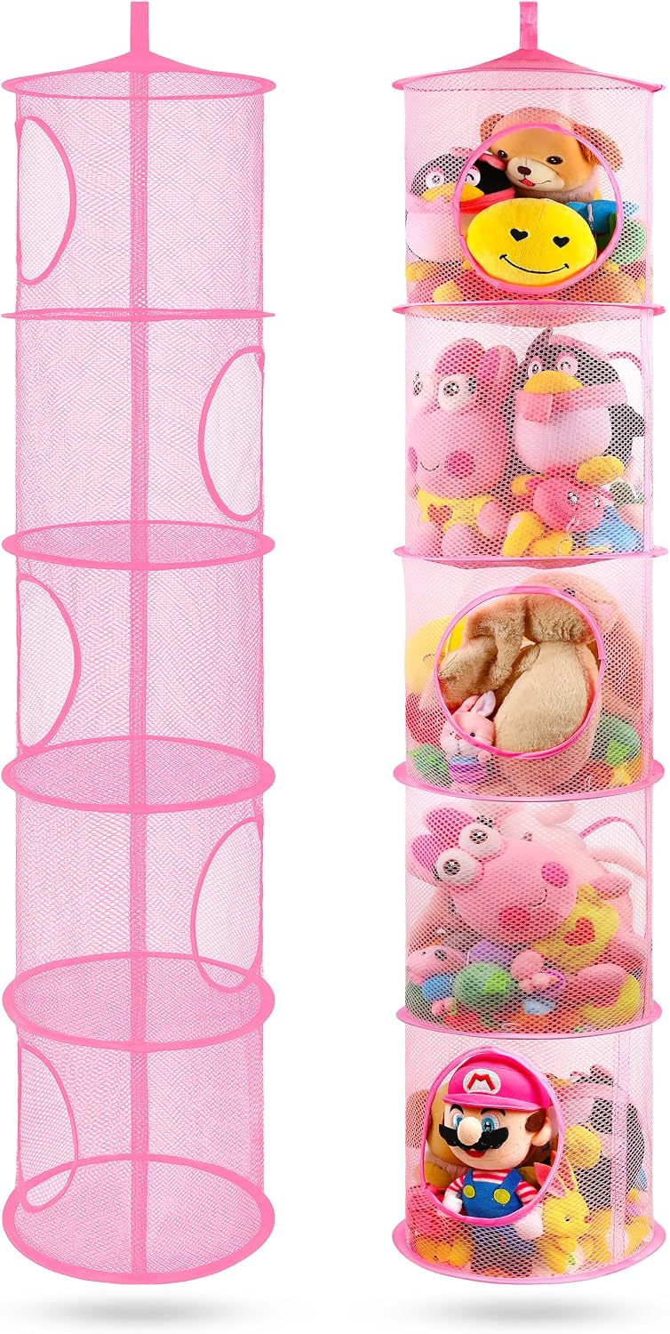 Hanging Stuffed Animal Storage Hammock Net 4 Tiers, Pink