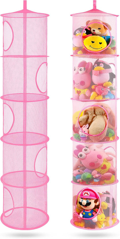Hanging Stuffed Animal Storage Hammock Net 4 Tiers, Pink