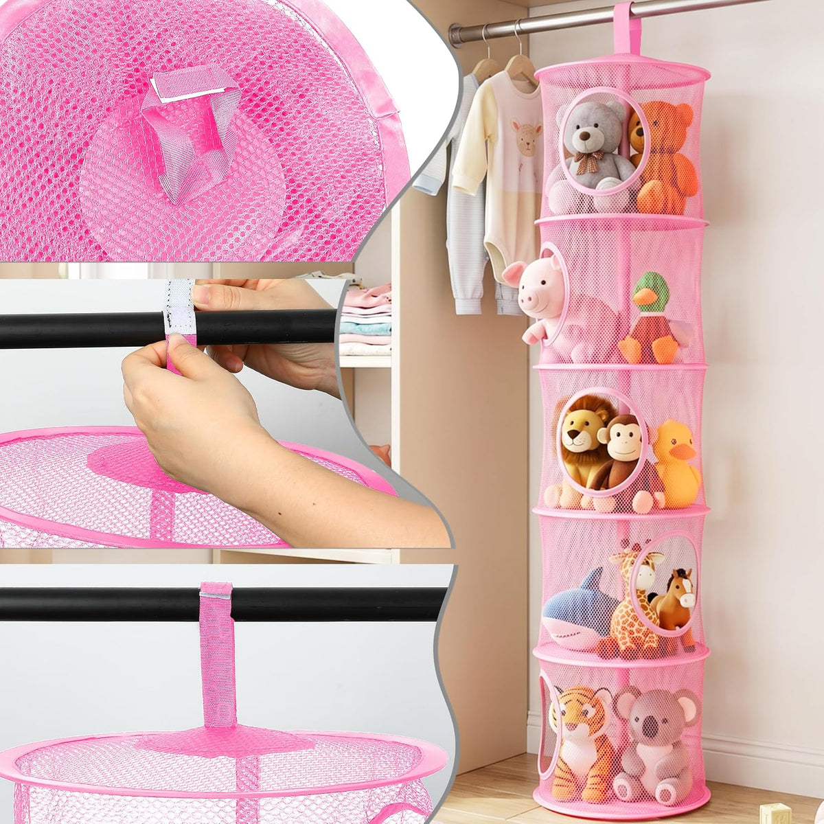 Hanging Stuffed Animal Storage Hammock Net 4 Tiers, Pink