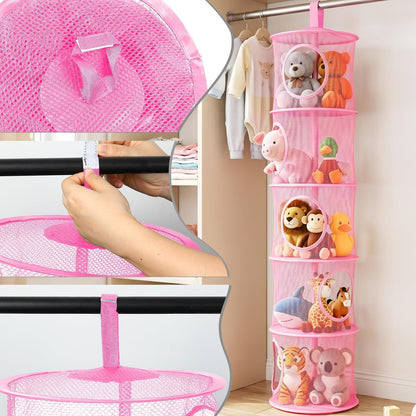 Hanging Stuffed Animal Storage Hammock Net 4 Tiers, Pink