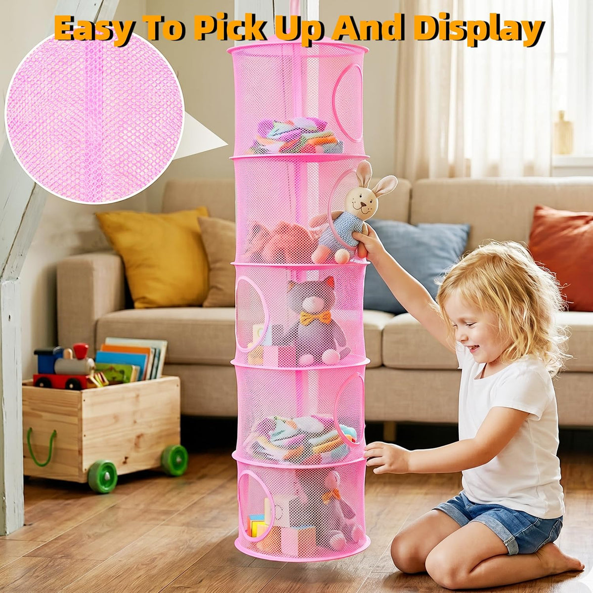 Hanging Stuffed Animal Storage Hammock Net 4 Tiers, Pink