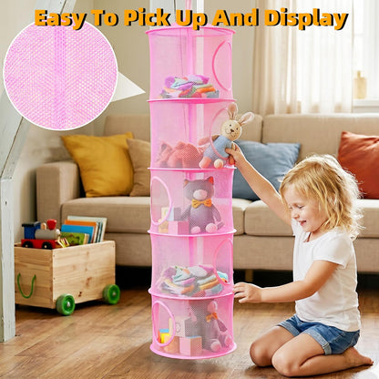 Hanging Stuffed Animal Storage Hammock Net 4 Tiers, Pink