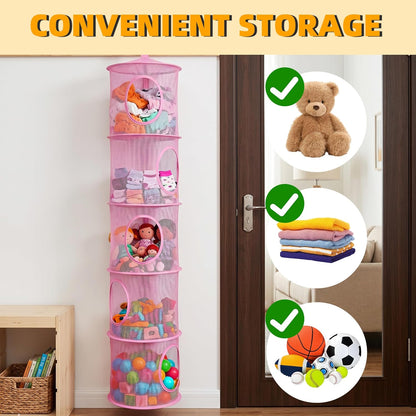 Hanging Stuffed Animal Storage Hammock Net 4 Tiers, Pink