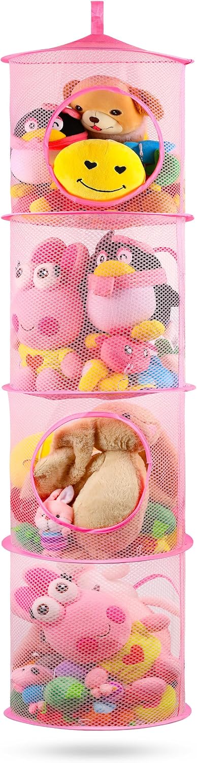 Hanging Stuffed Animal Storage Hammock Net 4 Tiers, Pink