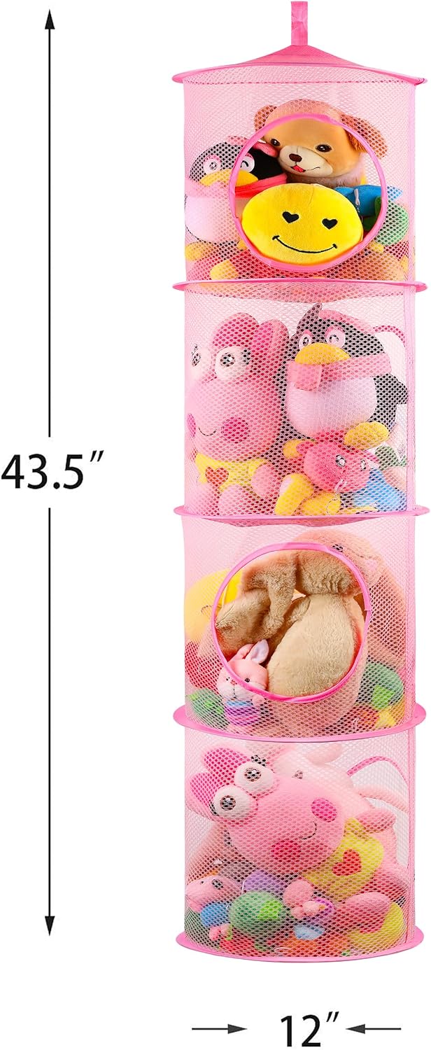 Hanging Stuffed Animal Storage Hammock Net 4 Tiers, Pink