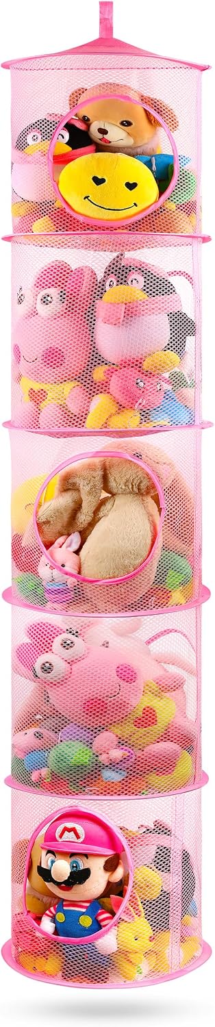 Hanging Stuffed Animal Storage Hammock Net 4 Tiers, Pink