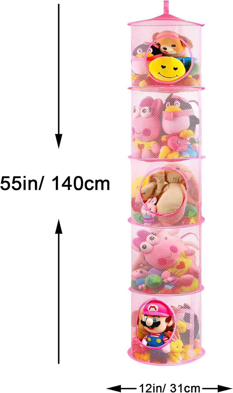 Hanging Stuffed Animal Storage Hammock Net 4 Tiers, Pink