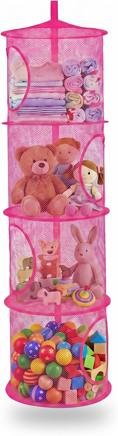 Hanging Stuffed Animal Storage Hammock Net 4 Tiers, Pink