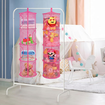 Hanging Stuffed Animal Storage Hammock Net 4 Tiers, Pink