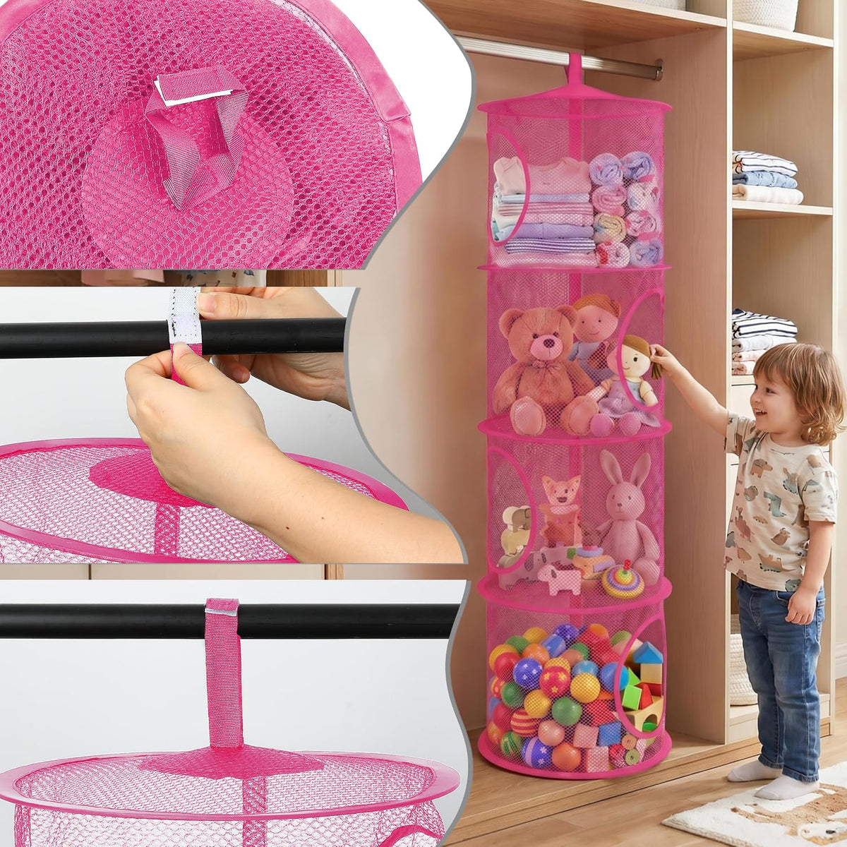 Hanging Stuffed Animal Storage Hammock Net 4 Tiers, Pink