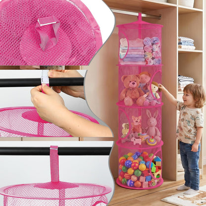Hanging Stuffed Animal Storage Hammock Net 4 Tiers, Pink