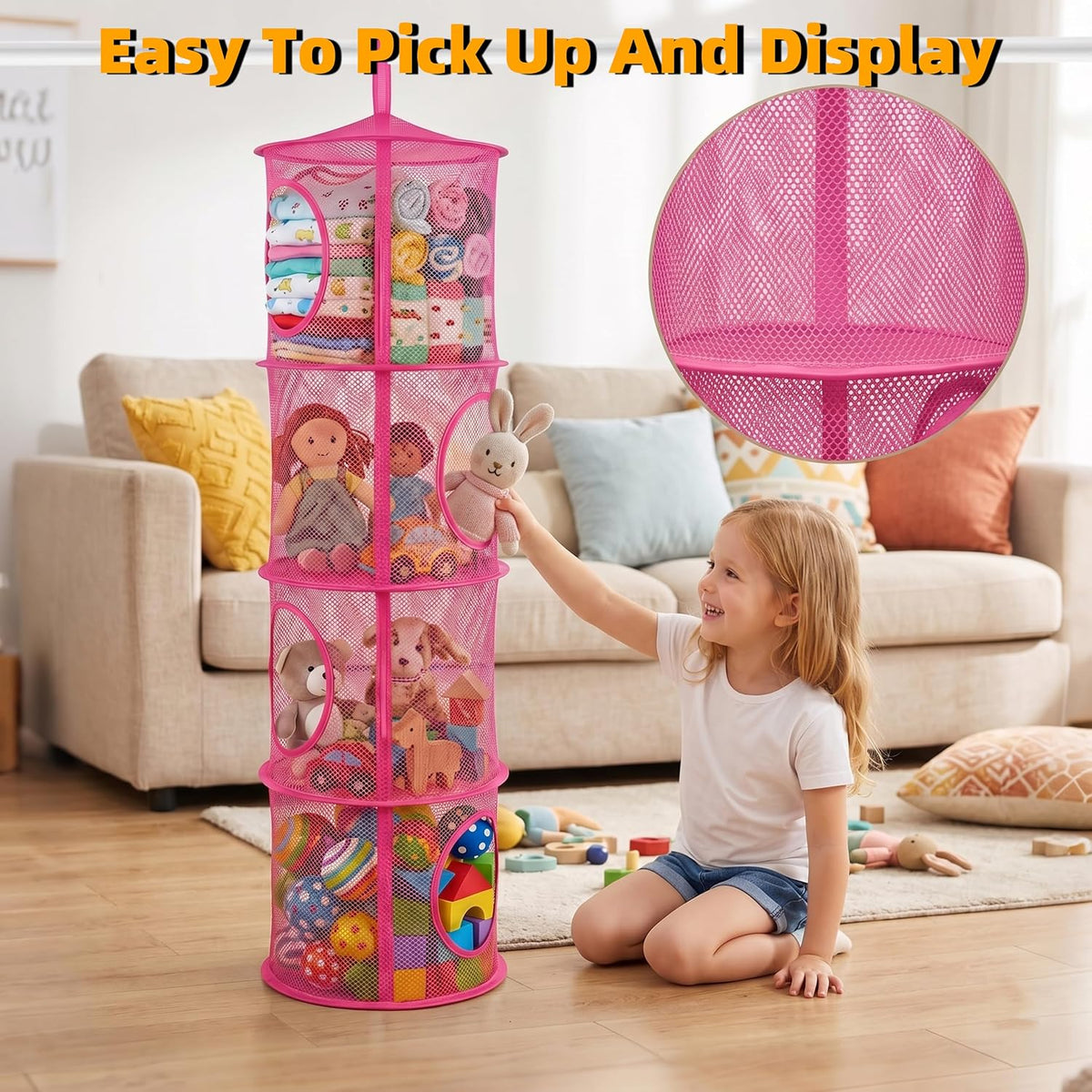 Hanging Stuffed Animal Storage Hammock Net 4 Tiers, Pink
