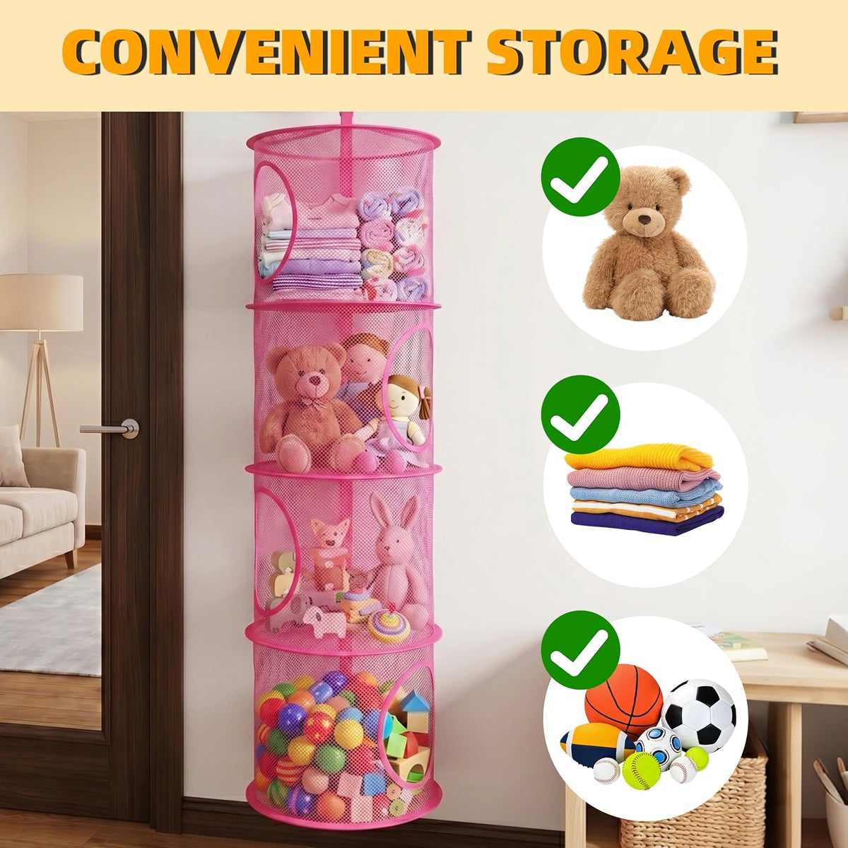 Hanging Stuffed Animal Storage Hammock Net 4 Tiers, Pink