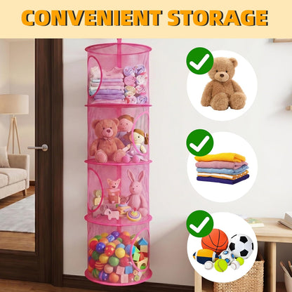 Hanging Stuffed Animal Storage Hammock Net 4 Tiers, Pink