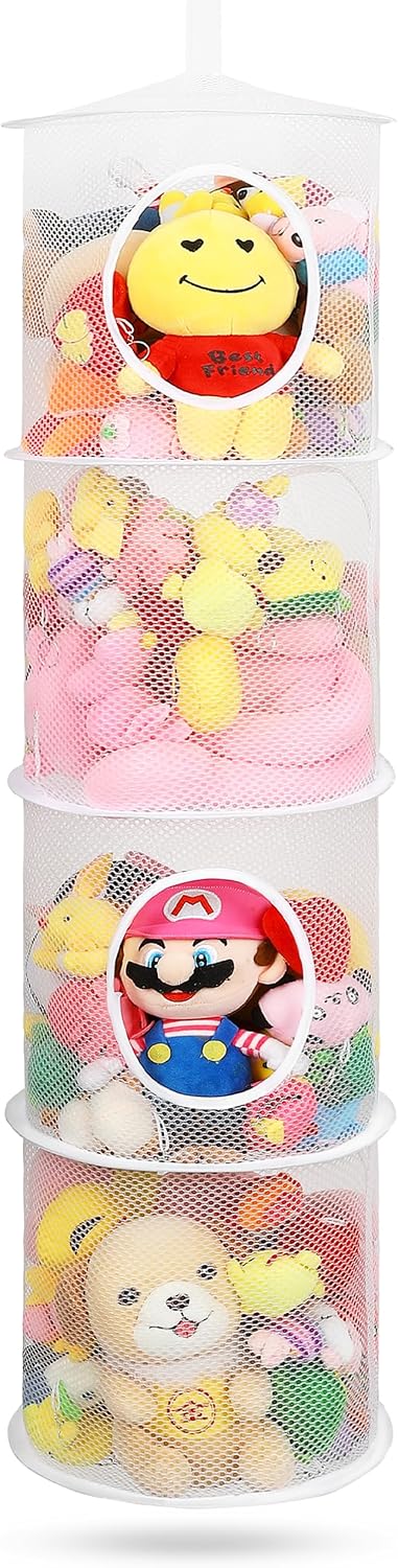 Hanging Stuffed Animal Storage Hammock Net 4 Tiers, Pink