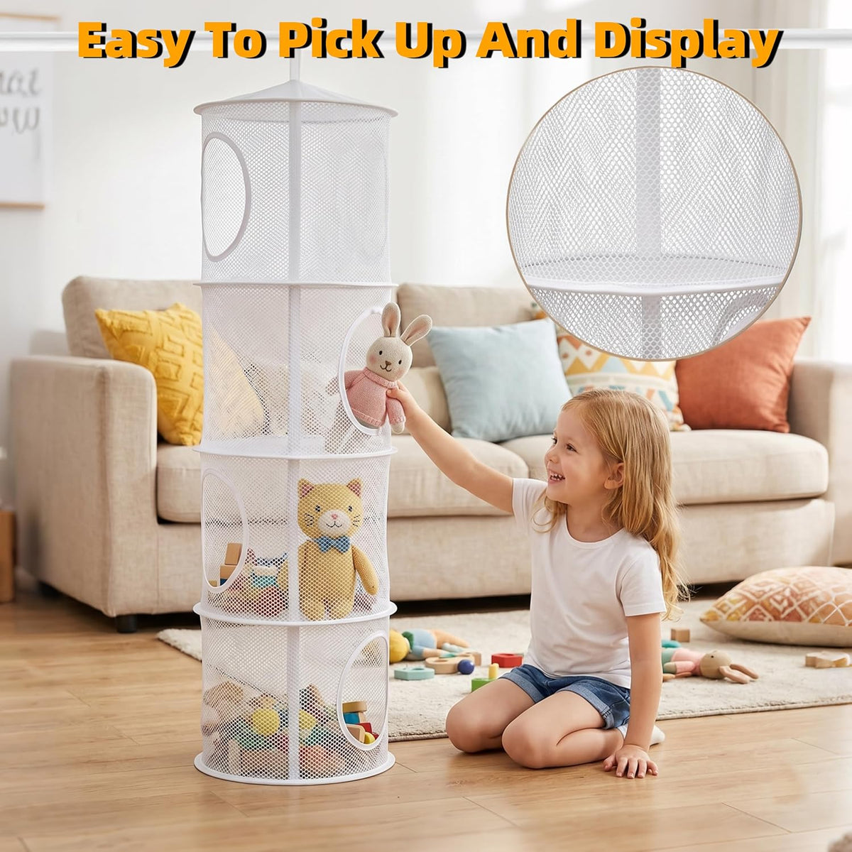 Hanging Stuffed Animal Storage Hammock Net 4 Tiers, Pink