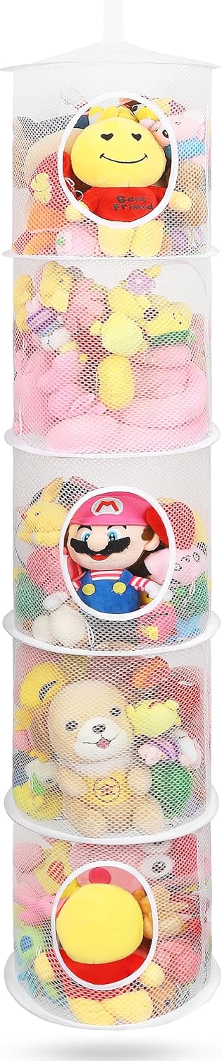 Hanging Stuffed Animal Storage Hammock Net 4 Tiers, Pink