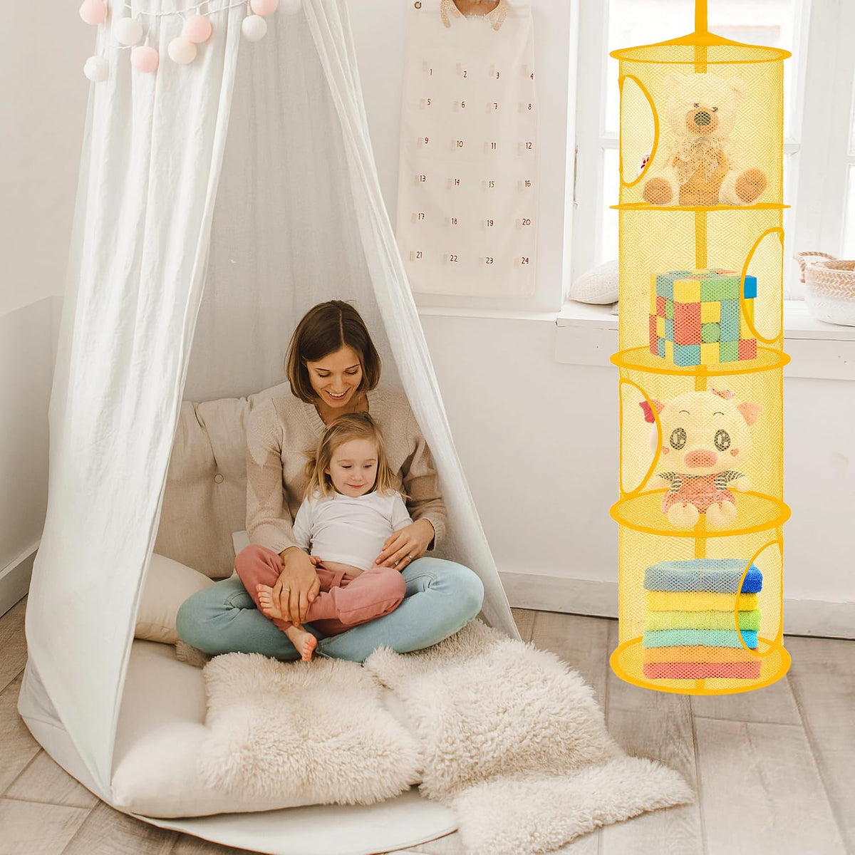 Hanging Stuffed Animal Storage Hammock Net 4 Tiers, Pink