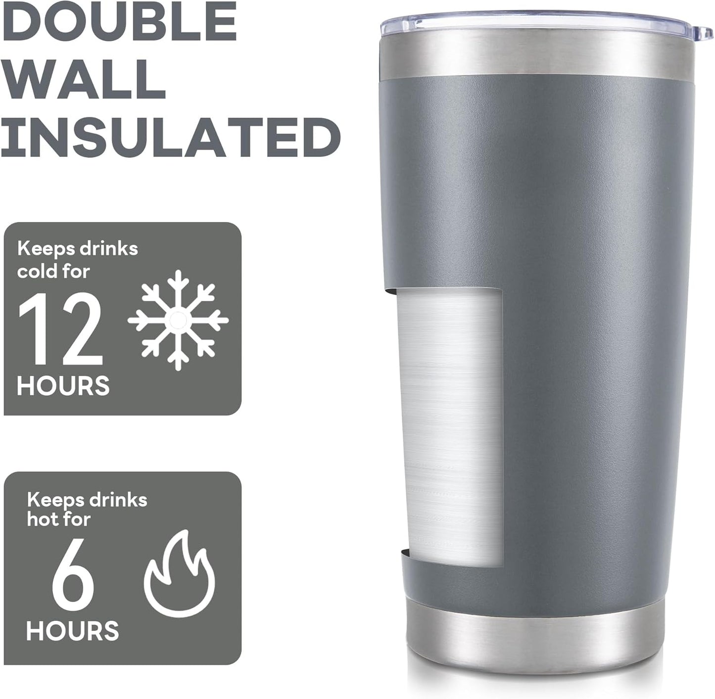 20 oz Tumbler with Lid Stainless Steel Insulated Tumblers Cups Travel Mug | Double Wall Vacuum, Powder Coated, Keep Drinks Cold and Hot, Waterproof Lid, Fit of Car Cup Holders, Grey