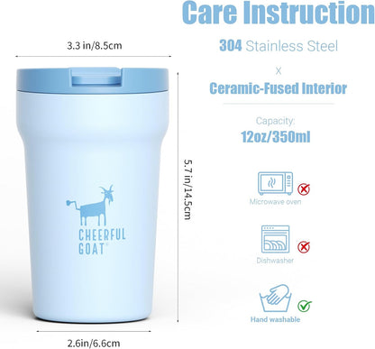 Travel Coffee Mug – Stainless Steel Ceramic Lined Mug Insulated Tumbler, with lid, 12oz Leak Proof Cup for Hot and Cold Water Coffee at Home, Office, or On the Go (Grey)