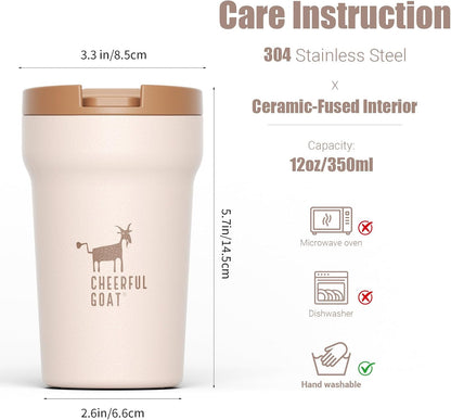 Travel Coffee Mug – Stainless Steel Ceramic Lined Mug Insulated Tumbler, with lid, 12oz Leak Proof Cup for Hot and Cold Water Coffee at Home, Office, or On the Go (Grey)