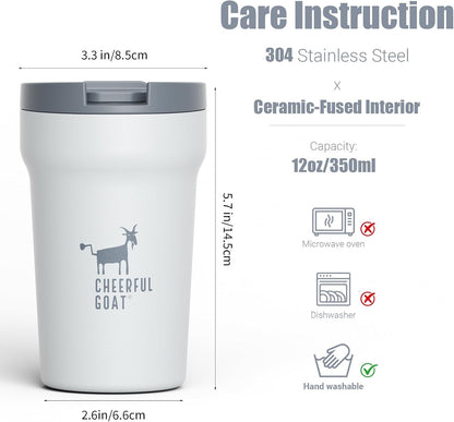 Travel Coffee Mug – Stainless Steel Ceramic Lined Mug Insulated Tumbler, with lid, 12oz Leak Proof Cup for Hot and Cold Water Coffee at Home, Office, or On the Go (Grey)