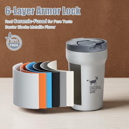 Travel Coffee Mug – Stainless Steel Ceramic Lined Mug Insulated Tumbler, with lid, 12oz Leak Proof Cup for Hot and Cold Water Coffee at Home, Office, or On the Go (Grey)