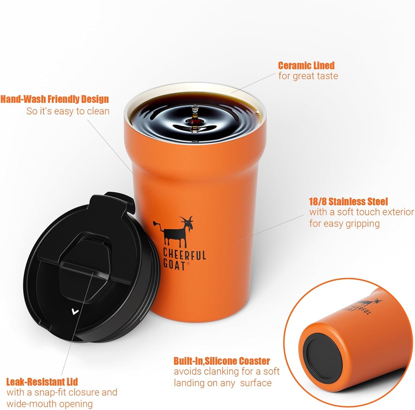 Travel Coffee Mug – Stainless Steel Ceramic Lined Mug Insulated Tumbler, with lid, 12oz Leak Proof Cup for Hot and Cold Water Coffee at Home, Office, or On the Go (Grey)