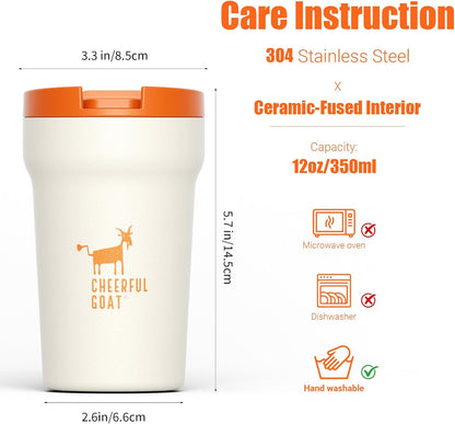 Travel Coffee Mug – Stainless Steel Ceramic Lined Mug Insulated Tumbler, with lid, 12oz Leak Proof Cup for Hot and Cold Water Coffee at Home, Office, or On the Go (Grey)