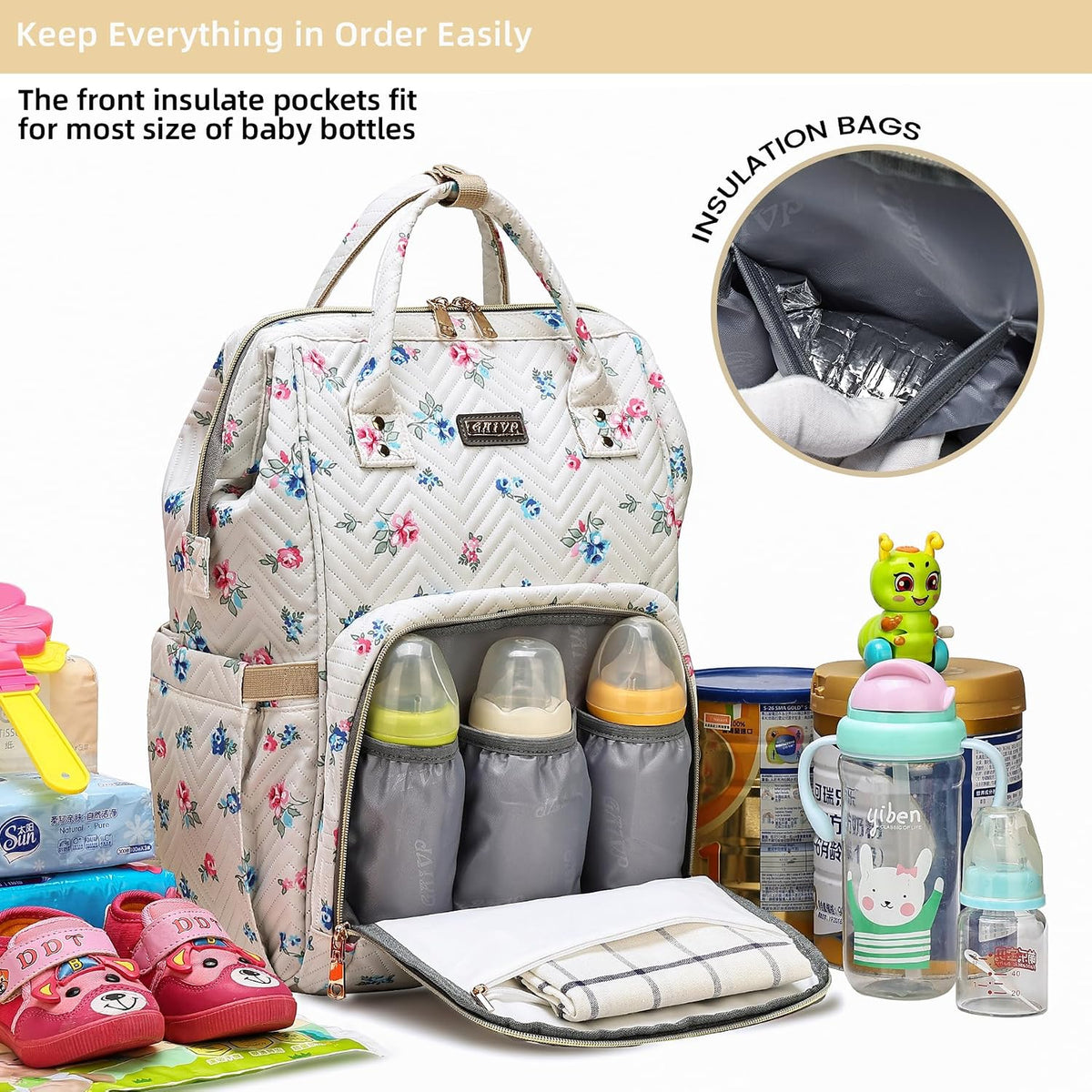 Diaper Bag Backpack, Diaper Bags for Baby Girls Boys, Baby Bags for Moms Dads, Nappy Changing Bag with Insulated Pockets,Multi-functional Waterproof Backpack with Stroller straps -Pink light pink