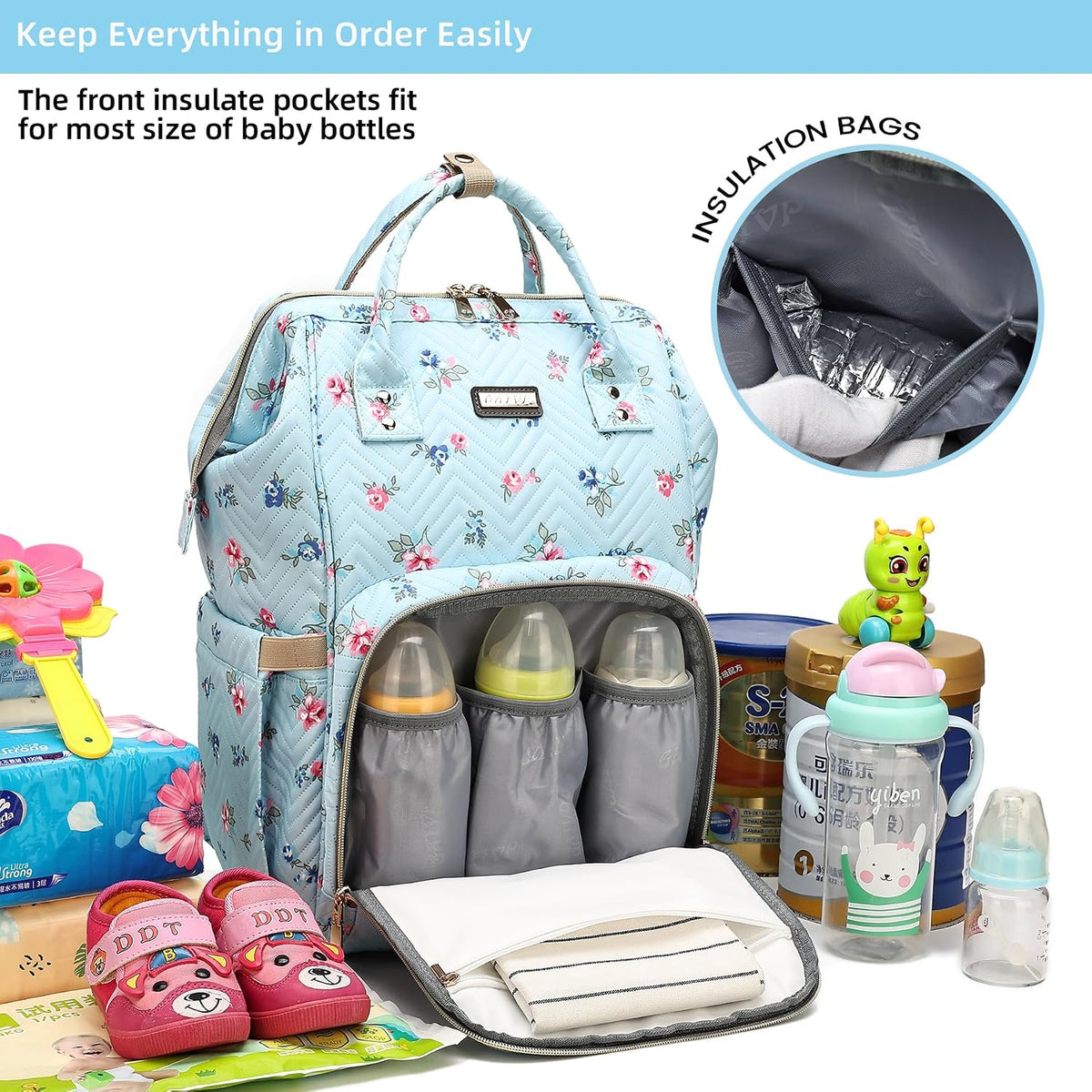 Diaper Bag Backpack, Diaper Bags for Baby Girls Boys, Baby Bags for Moms Dads, Nappy Changing Bag with Insulated Pockets,Multi-functional Waterproof Backpack with Stroller straps -Pink light pink