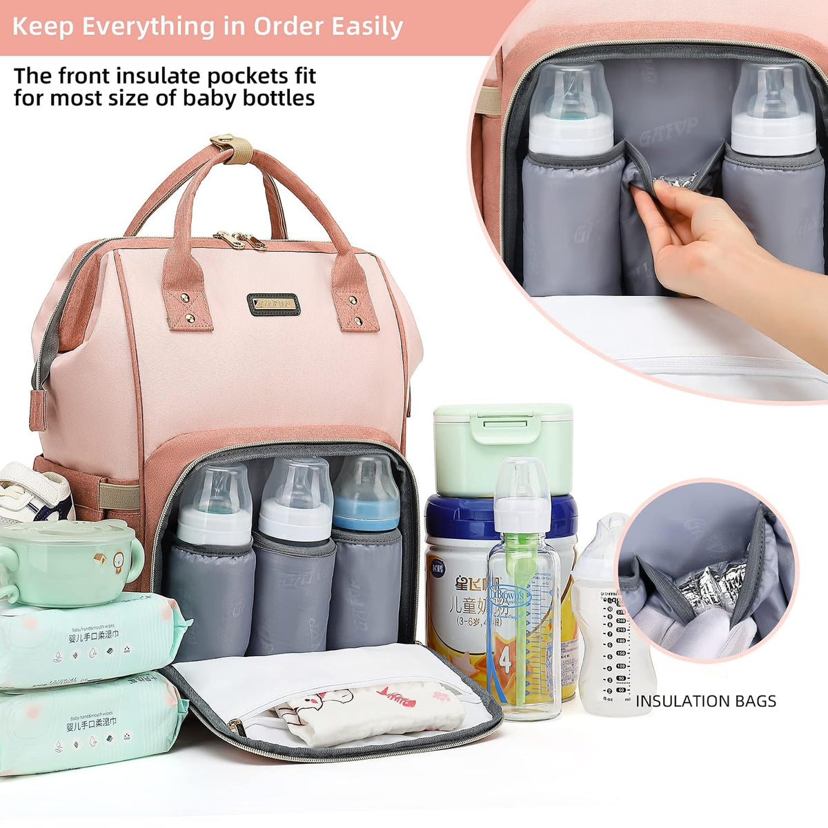 Diaper Bag Backpack, Diaper Bags for Baby Girls Boys, Baby Bags for Moms Dads, Nappy Changing Bag with Insulated Pockets,Multi-functional Waterproof Backpack with Stroller straps -Pink light pink