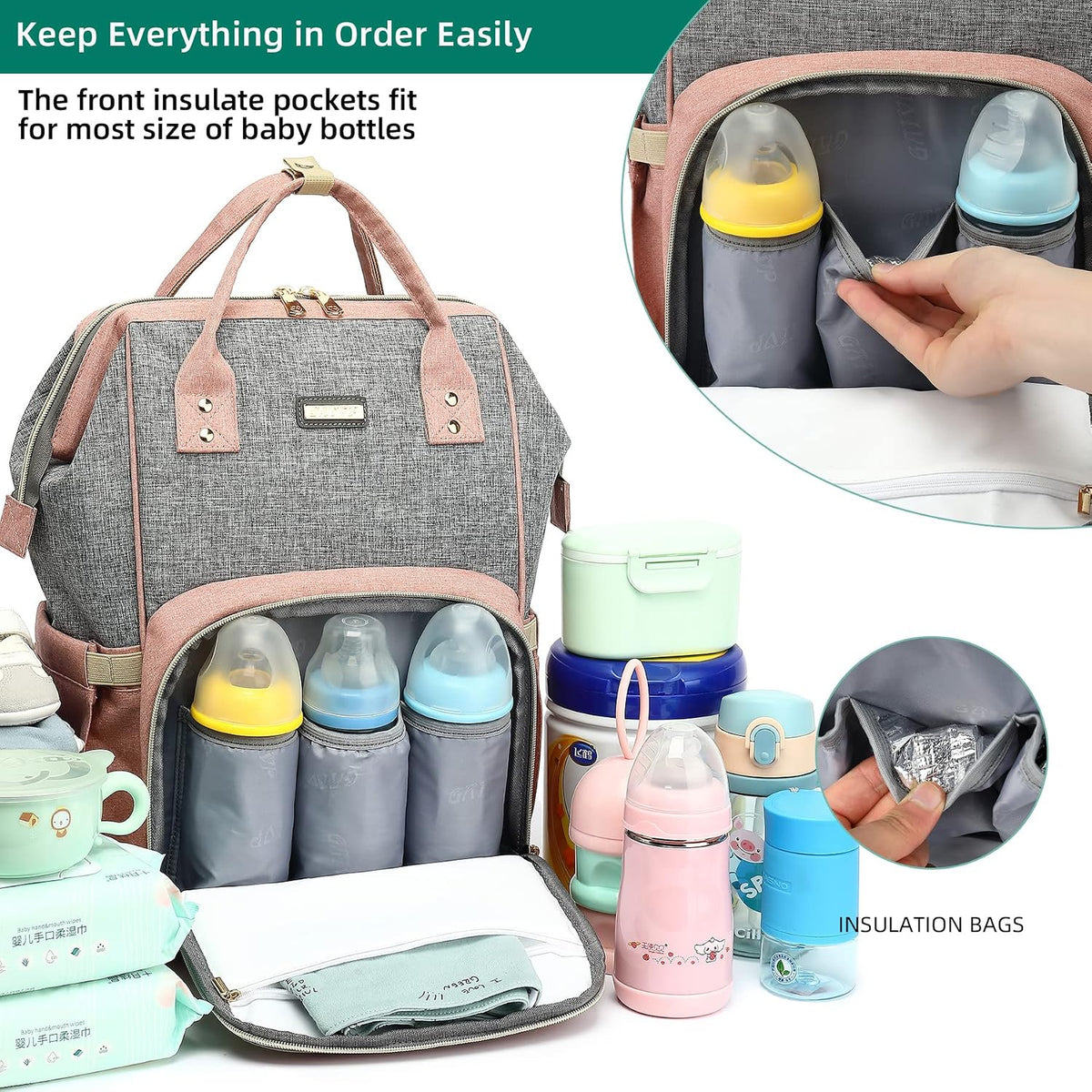 Diaper Bag Backpack, Diaper Bags for Baby Girls Boys, Baby Bags for Moms Dads, Nappy Changing Bag with Insulated Pockets,Multi-functional Waterproof Backpack with Stroller straps -Pink light pink
