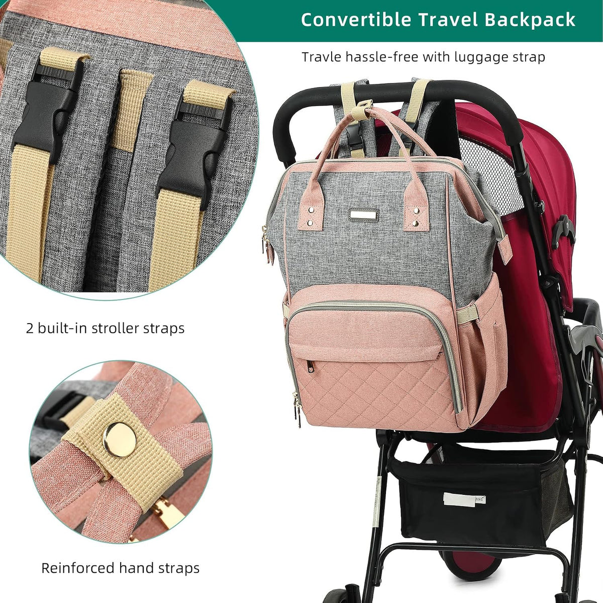 Diaper Bag Backpack, Diaper Bags for Baby Girls Boys, Baby Bags for Moms Dads, Nappy Changing Bag with Insulated Pockets,Multi-functional Waterproof Backpack with Stroller straps -Pink light pink