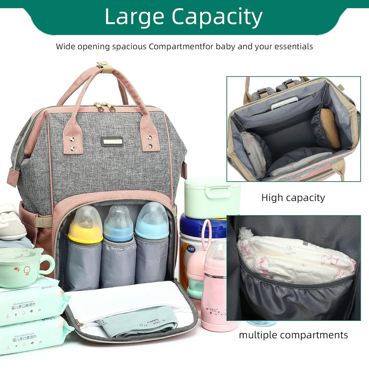 Diaper Bag Backpack, Diaper Bags for Baby Girls Boys, Baby Bags for Moms Dads, Nappy Changing Bag with Insulated Pockets,Multi-functional Waterproof Backpack with Stroller straps -Pink light pink