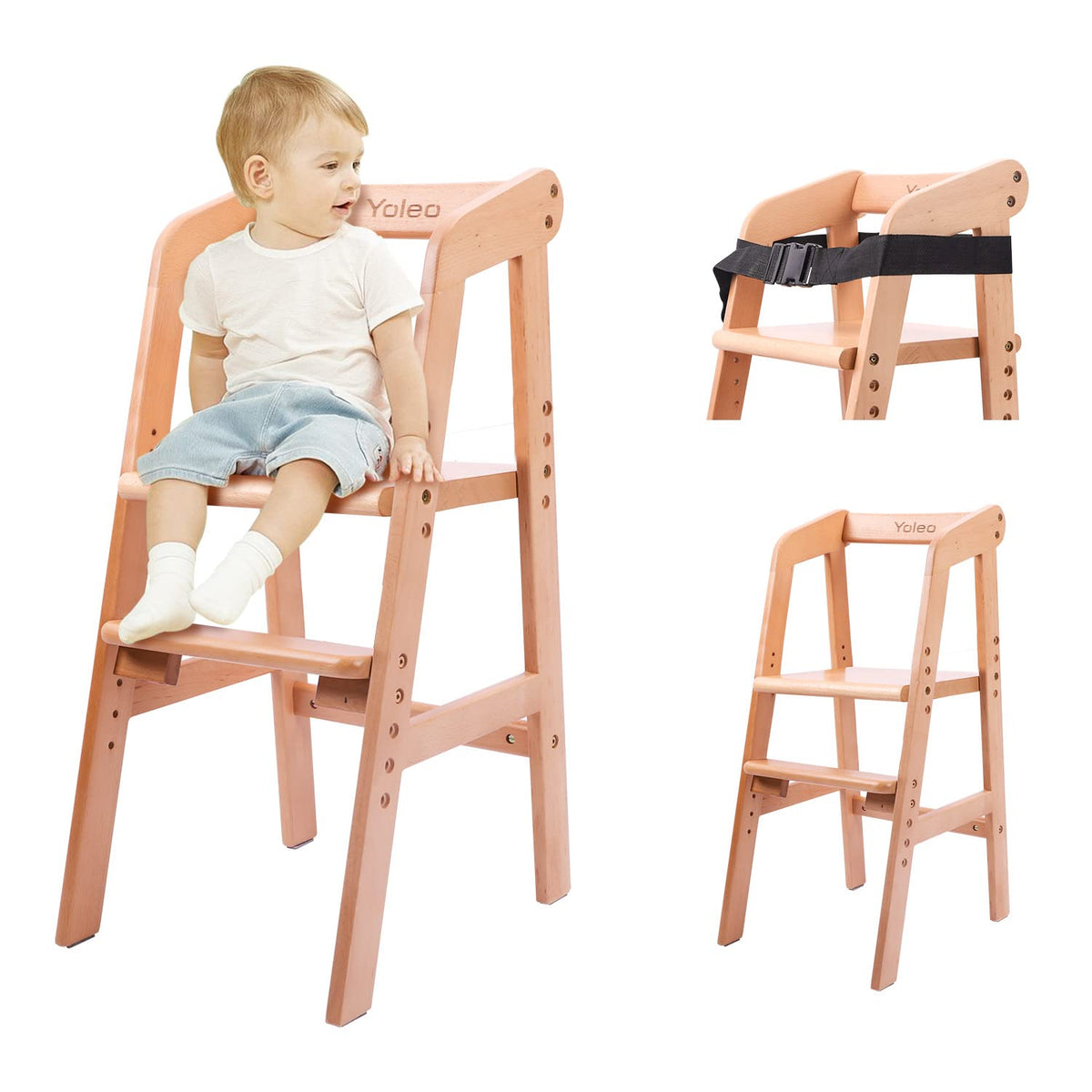 Wooden High Chair for Toddlers, Adjustable Dining Feeding Chair with Removable Cushion for Child, High Chair Grows with Your Kid with Steps for Kids Dining, Studying, Step Tool(Nut-Brown)