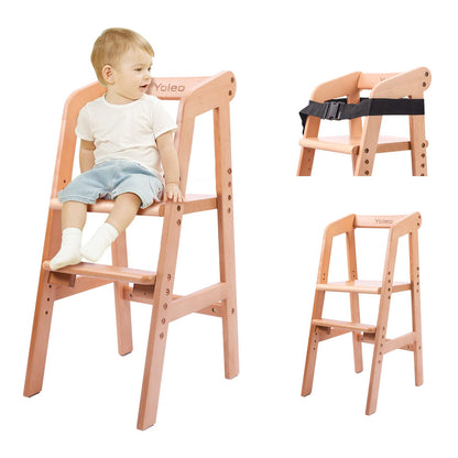 Wooden High Chair for Toddlers, Adjustable Dining Feeding Chair with Removable Cushion for Child, High Chair Grows with Your Kid with Steps for Kids Dining, Studying, Step Tool(Nut-Brown)